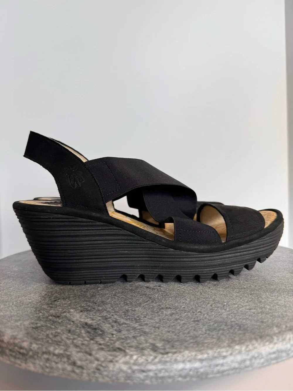 Fly London Yaji Black Leather Wedge Heels Sandals 39